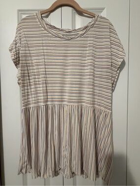 Grace & Lace Cream Striped Peplum Tee with Blue and Pink Lines